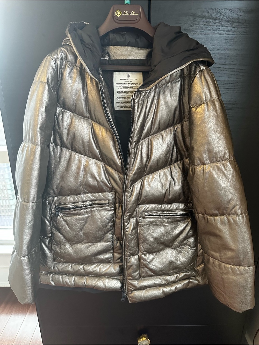 Brunello Cucinelli Metallic Puffer Jacket with Hood - copper/gunmetal